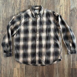 NorthCrest Classic Button-Up Flannel Shirt Mens Large Black Tan Green Plaid L/S